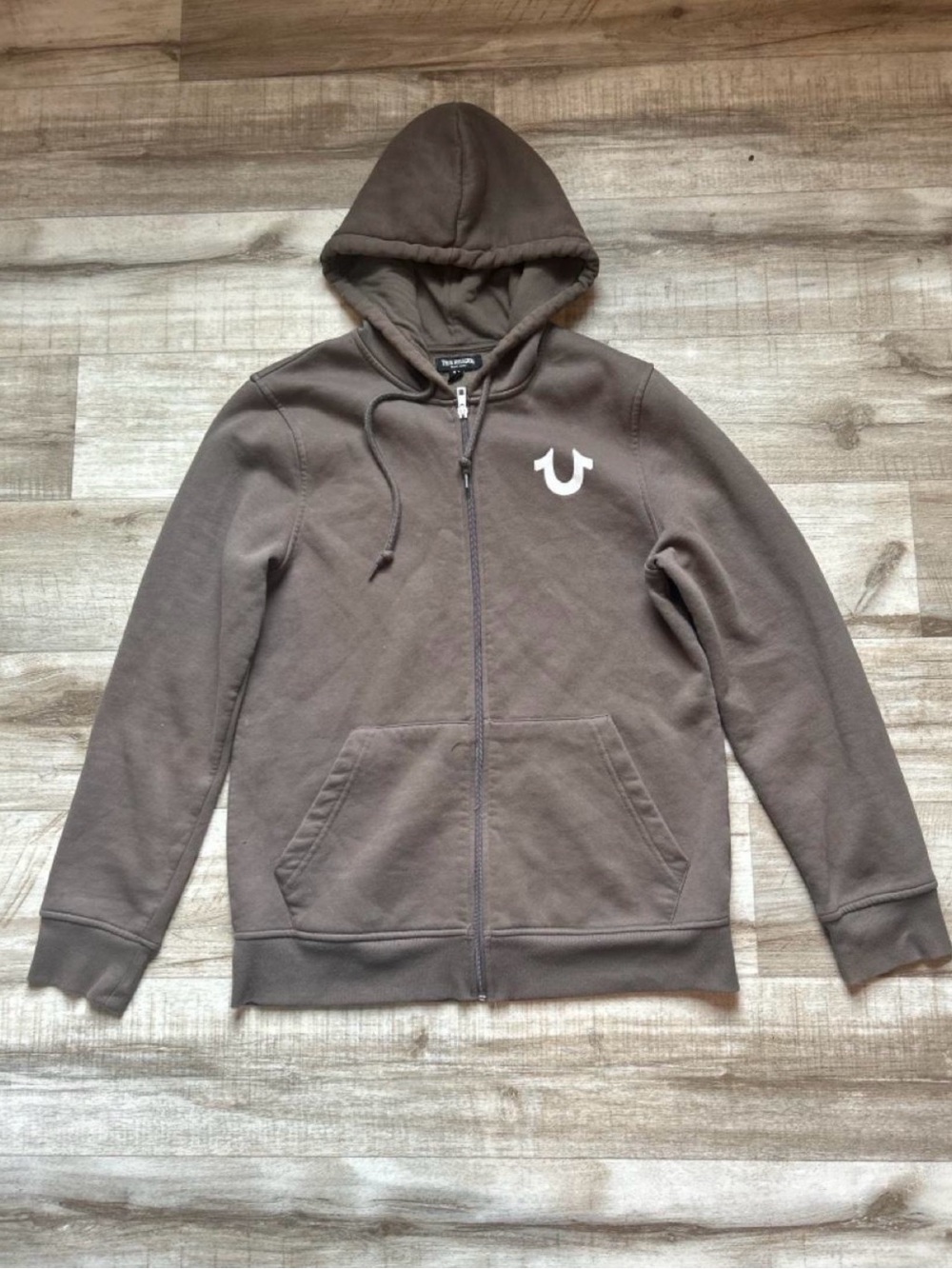 True Religion Taupe Brown Full-Zip Hoodie with Horseshoe Logo